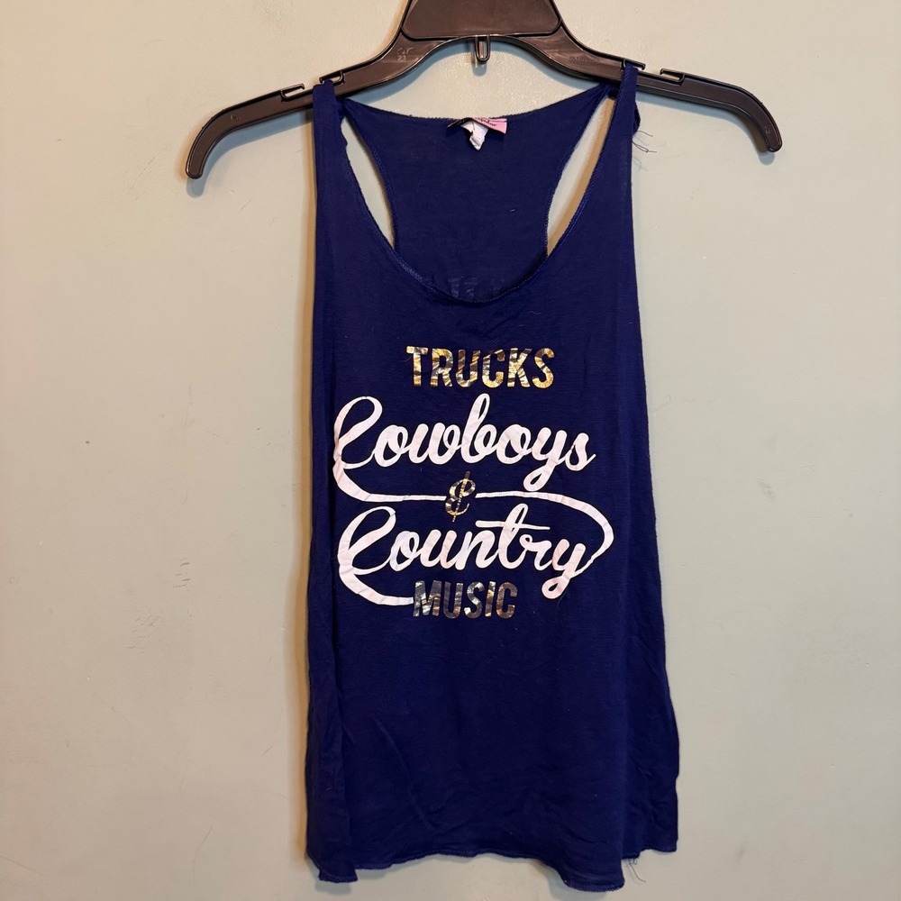$3 BUNDLE ITEM Miss Popular Trucks Cowboys & Country Music Tank Top Small Blue